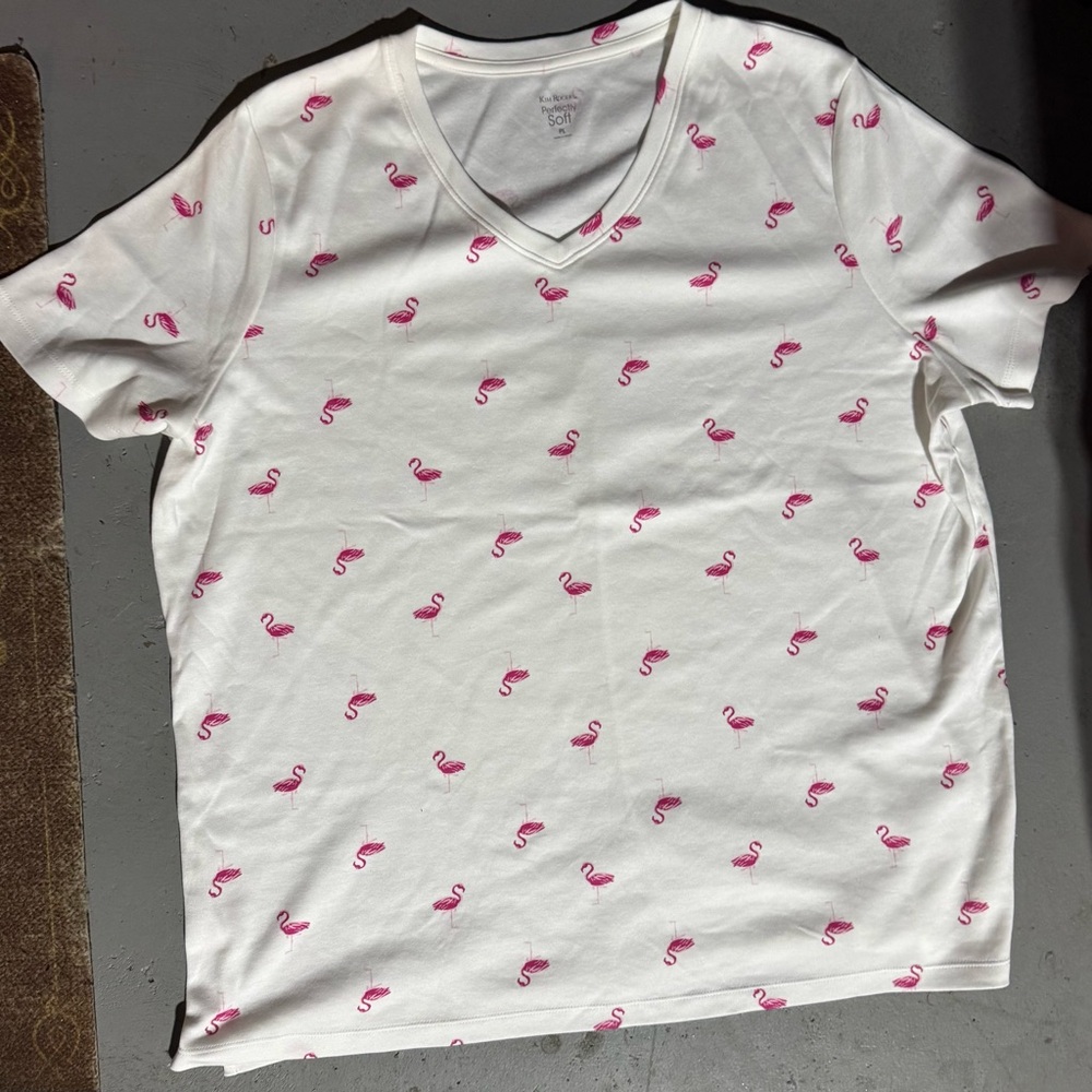 Kim Rogers White V-Neck Tee with Pink Flamingo Print